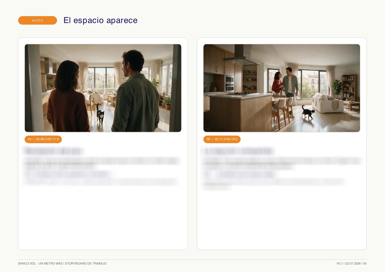 Bancosol storyboard page showing the spatial reveal; production notes are blurred