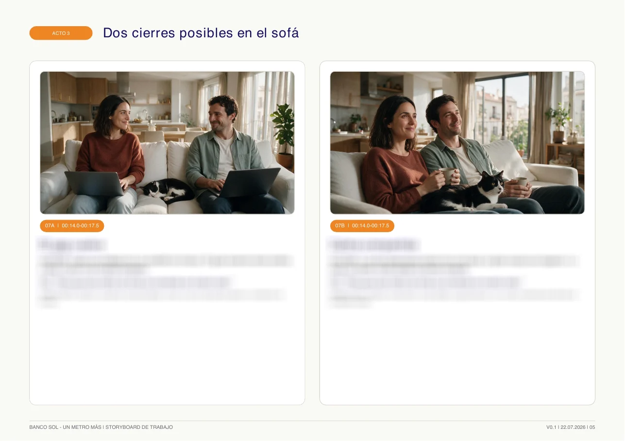 Bancosol storyboard page showing two closing options; production notes are blurred