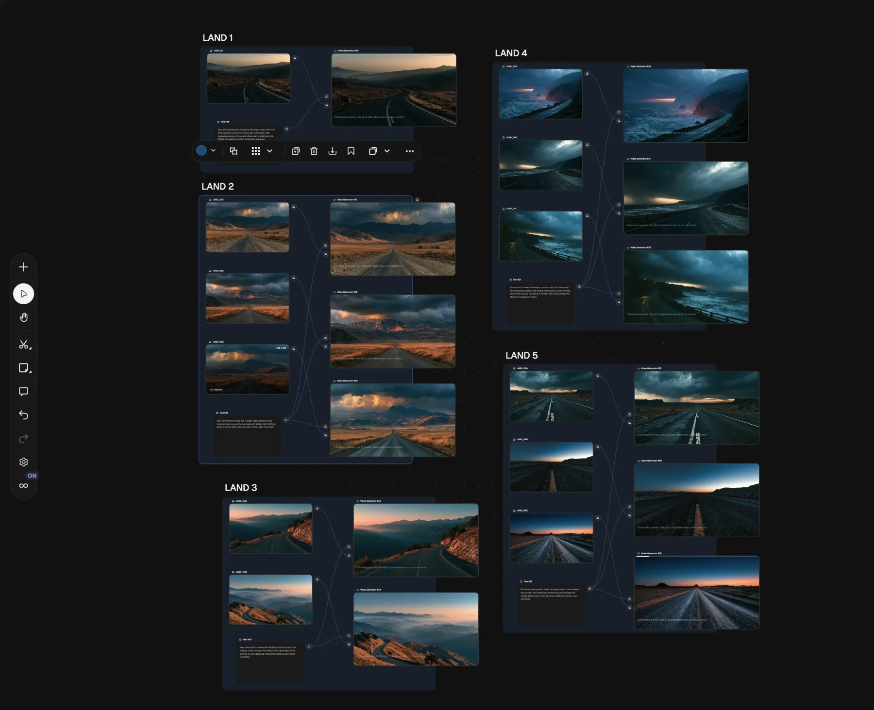 Node workspace with connected road and landscape image and video studies