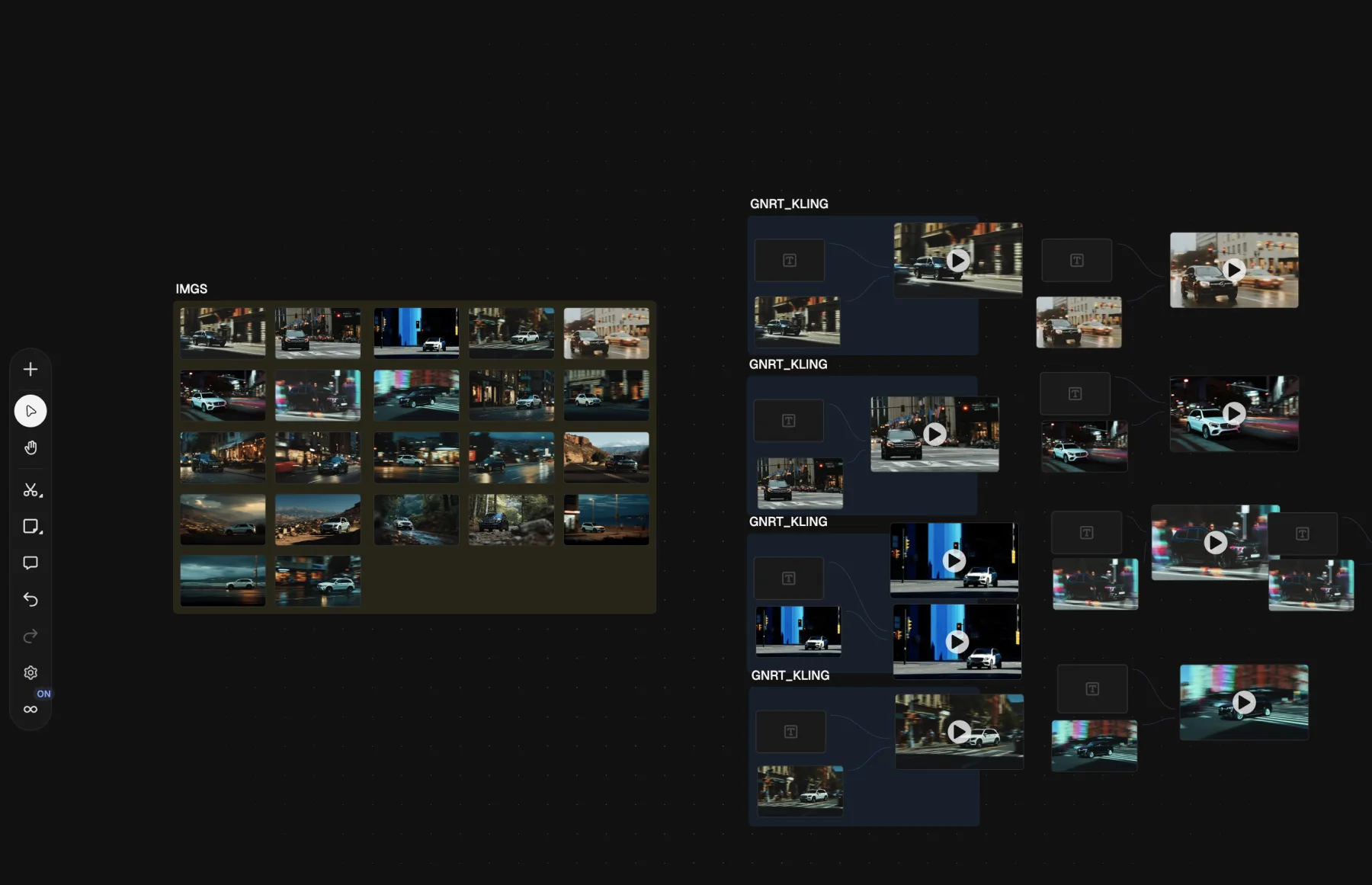 Node workspace with vehicle image references and Kling video variations