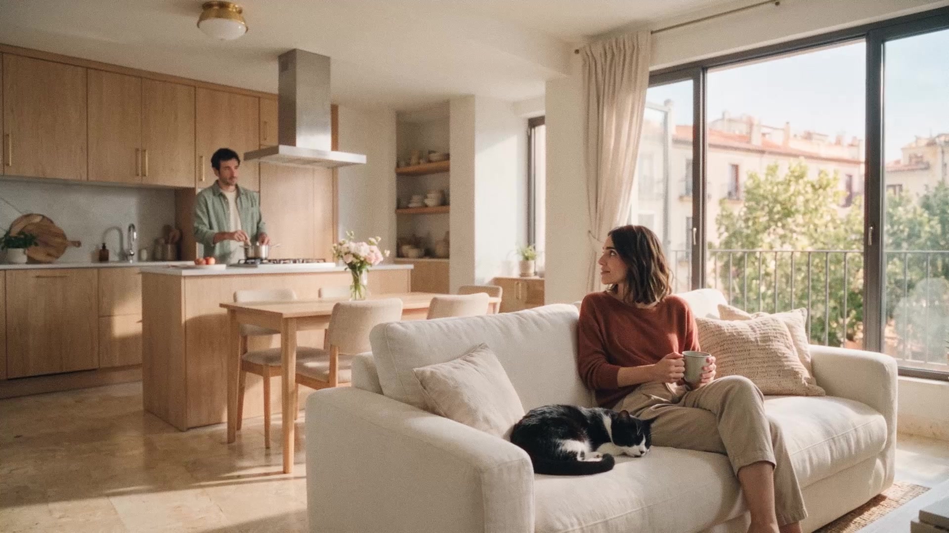 Ella descansa con el gato y él cocina al fondo