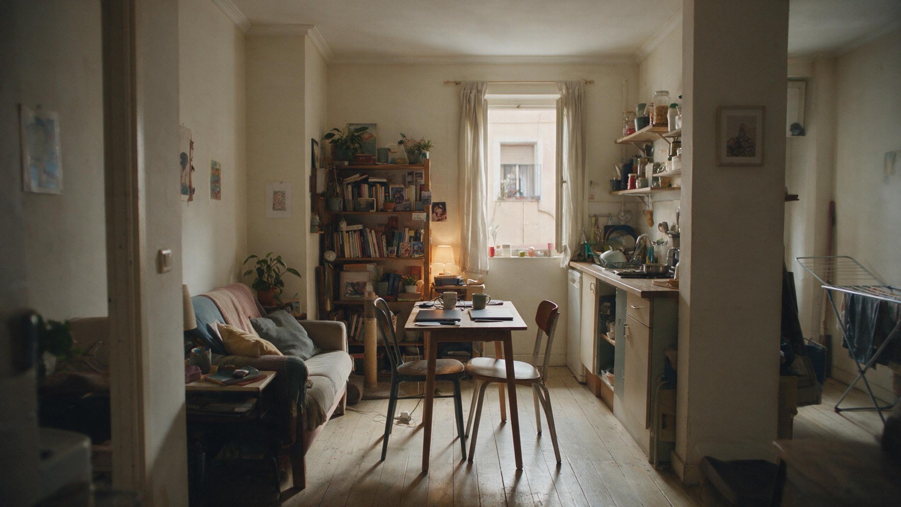 Piso pequeño vacío, con la mesa delante de la cocina